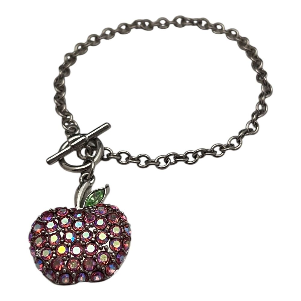 New Apple Charm Bracelet Silver Tone Crystal Toggle Teacher Gift - 11Y - Picture 2 of 4